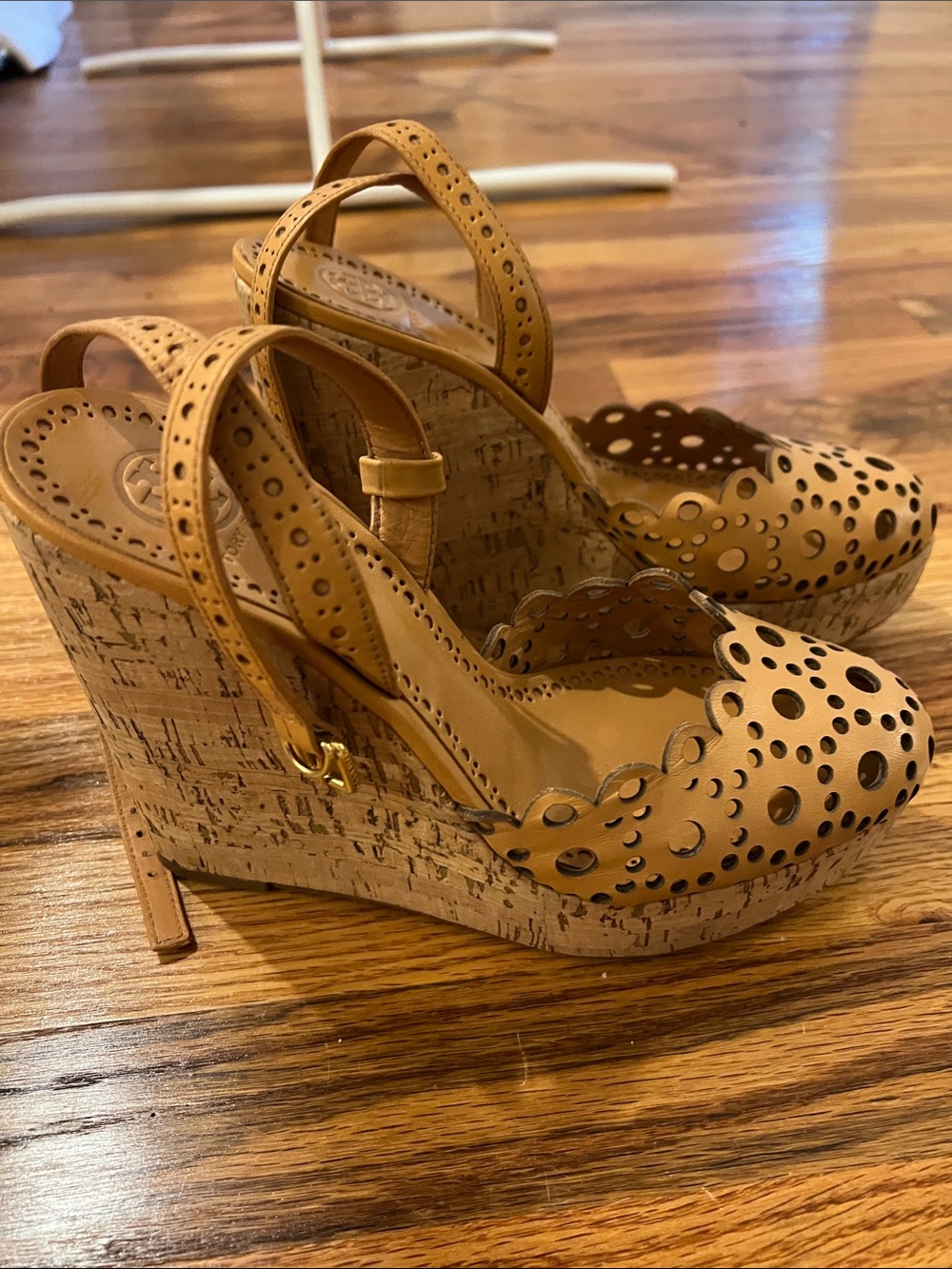 Tory Burch. Women’s Tan Perforated Cork Wedge Sandals